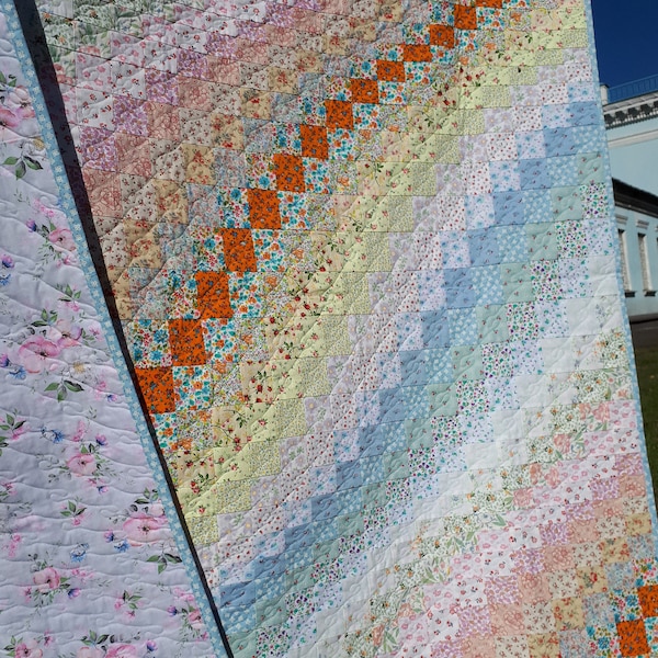 Pastel flower bargello quilt for sale ombre multicolor single bed farmhouse rainbow quilt handmade