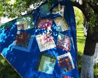 Blue quilt for sale Original floral quilt Large quilt Multicolor ornamental homemade quilt