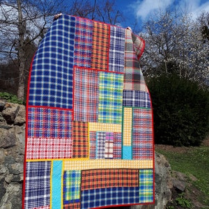 Inspiring Modern quilt for sale Contemporary colorful checkered plaid for boy Original Art quilt Handmade Blue Red blanket Single bed cover image 4