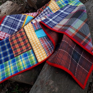 Inspiring Modern quilt for sale Contemporary colorful checkered plaid for boy Original Art quilt Handmade Blue Red blanket Single bed cover image 2