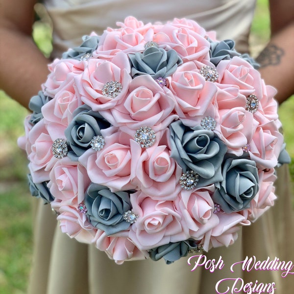 Pink and Gray Brooch Bouquet, Artificial Flowers Bouquet