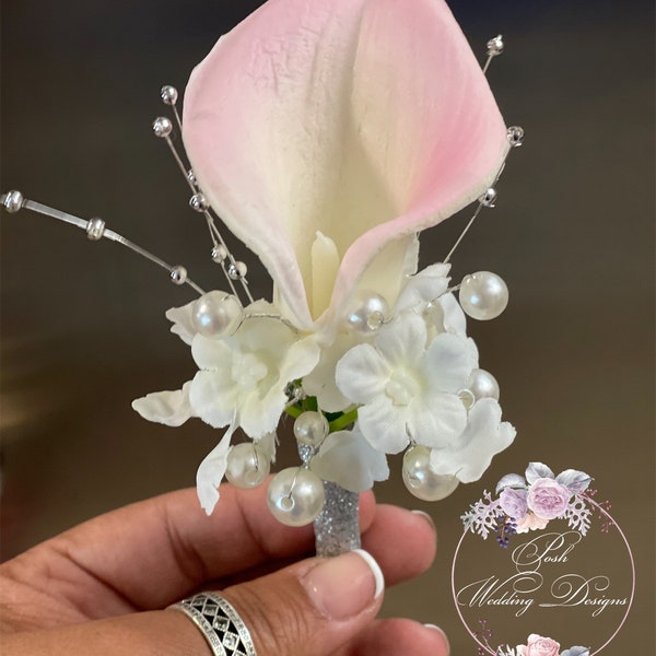 Blush Pink and White Calla Lily Boutonniere, Groom Boutonniere, Prom Boutonniere