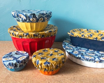 lot de charlottes alimentaires, couvre plat 6 tailles, fleurs bleues jaune moutarde, cadeau noel