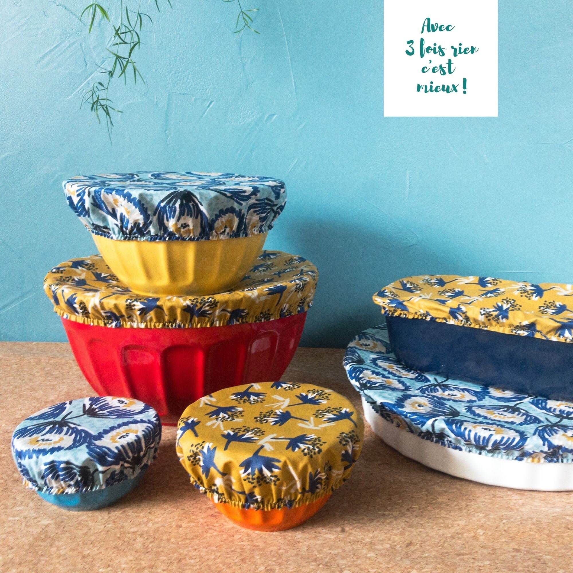 Lot de Charlottes Alimentaires, Couvre Plat 6 Tailles, Fleurs Bleues Jaune Moutarde