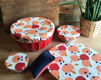 Lot de 4 charlottes couvre-plats et 1 éponge, cadeau édition limitée, motif pommes