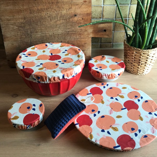 Lot de 4 charlottes couvre-plats et 1 éponge, cadeau édition limitée, motif pommes