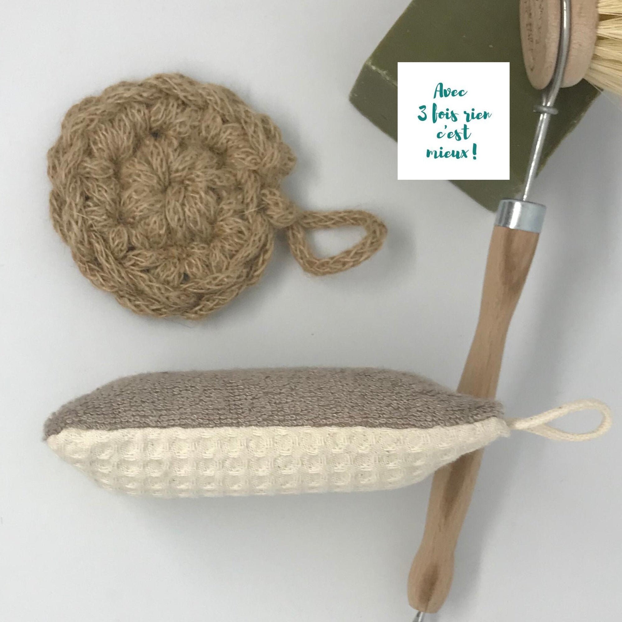 Lot de 2 Éponges Lavables, 1 Tawashi en Jute et Éponge Épaisse
