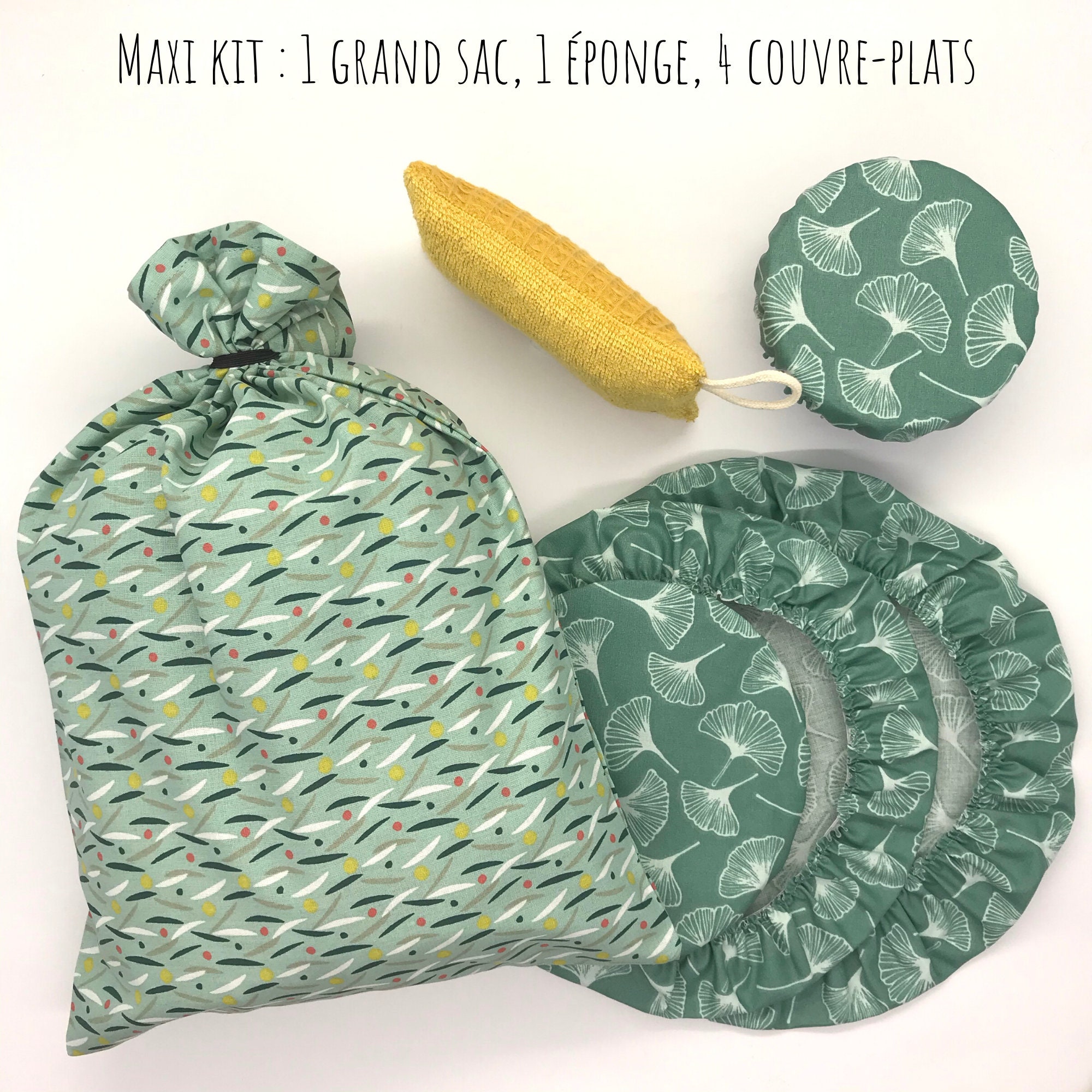 Maxi Kit Zéro Déchet Comprenant 1 Grand Sac Vrac ou Pain 4 Couvreplats et Éponge, Ginkgo Vert Amande