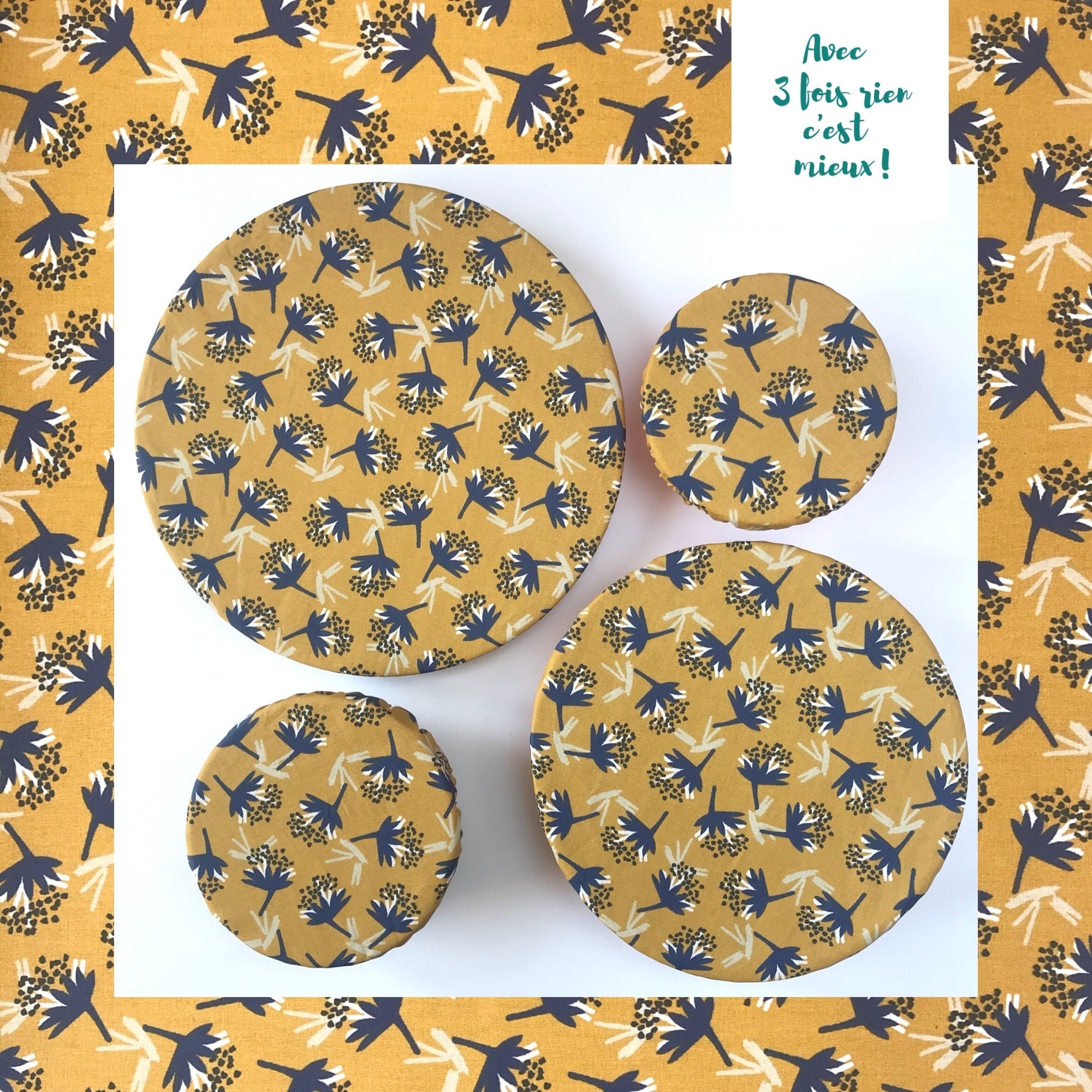 Lot de 4 Couvre-Plats, Fleurs Bleues Jaune Moutarde, Disponible à L'unité