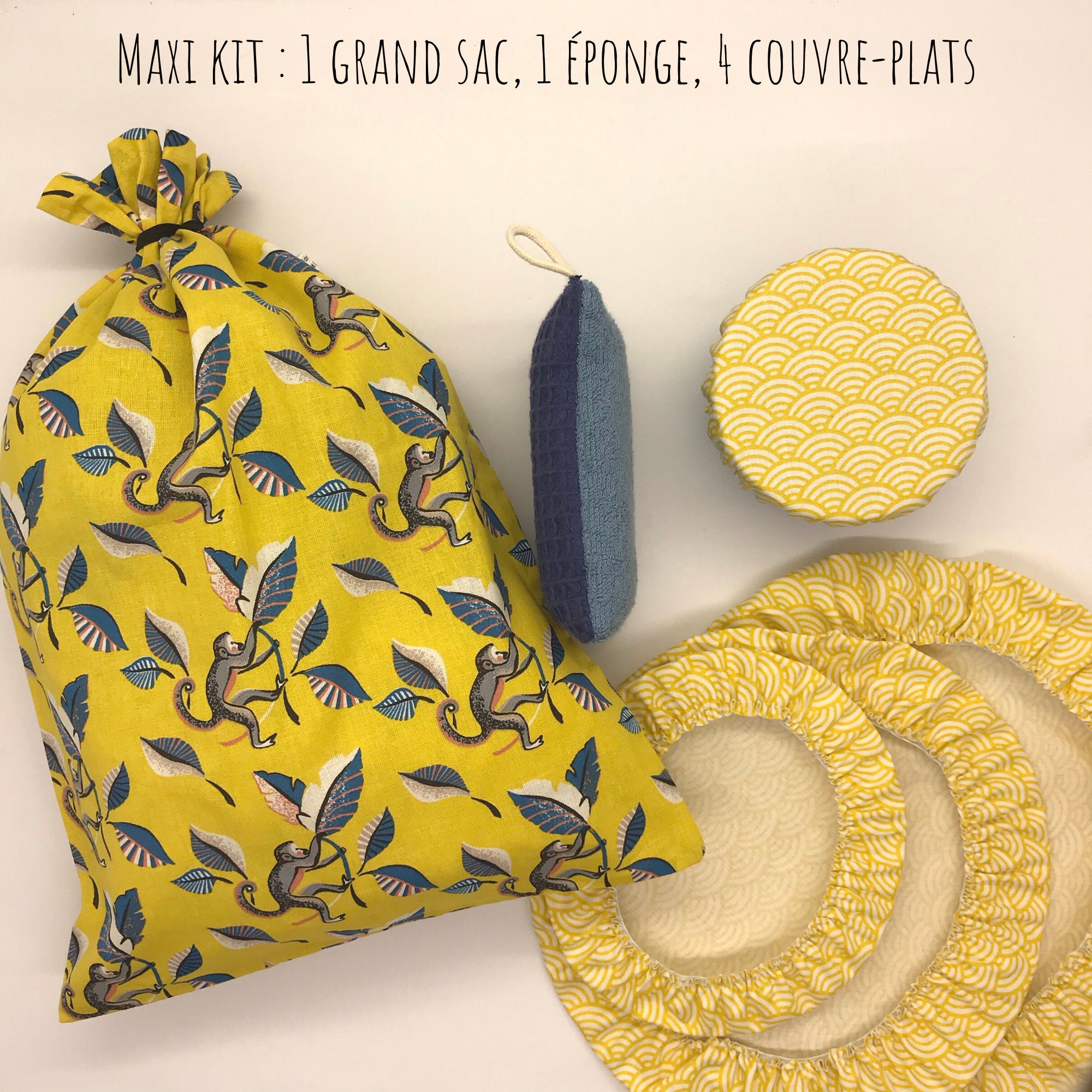 Kit Cadeau Zéro Déchet, Comprenant 1 Grand Sac Vrac ou Pain, 4 Couvre-Plats, Éponge