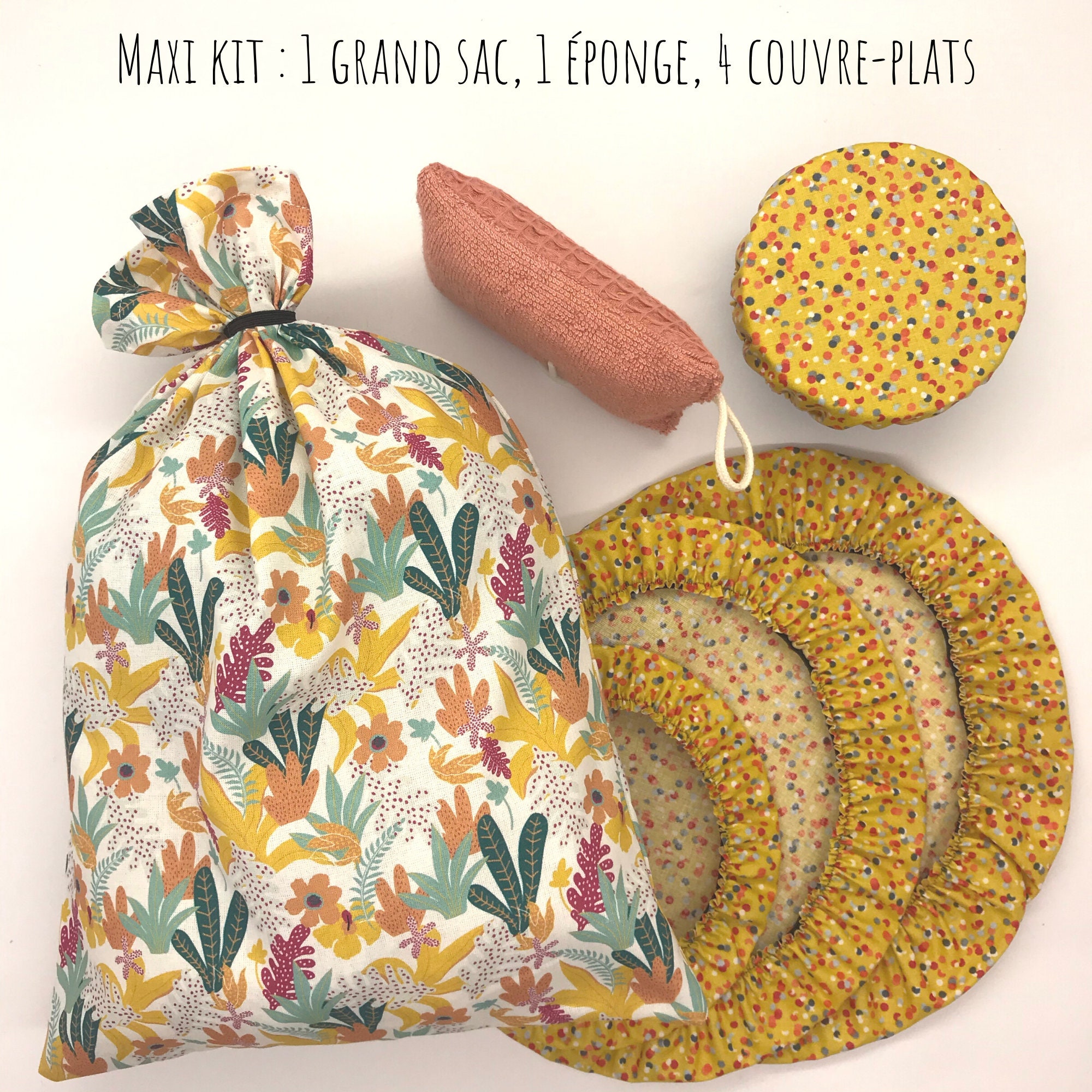 Maxi Kit Zéro Déchet Comprenant 1 Grand Sac Vrac ou Pain 4 Couvreplats et Éponge