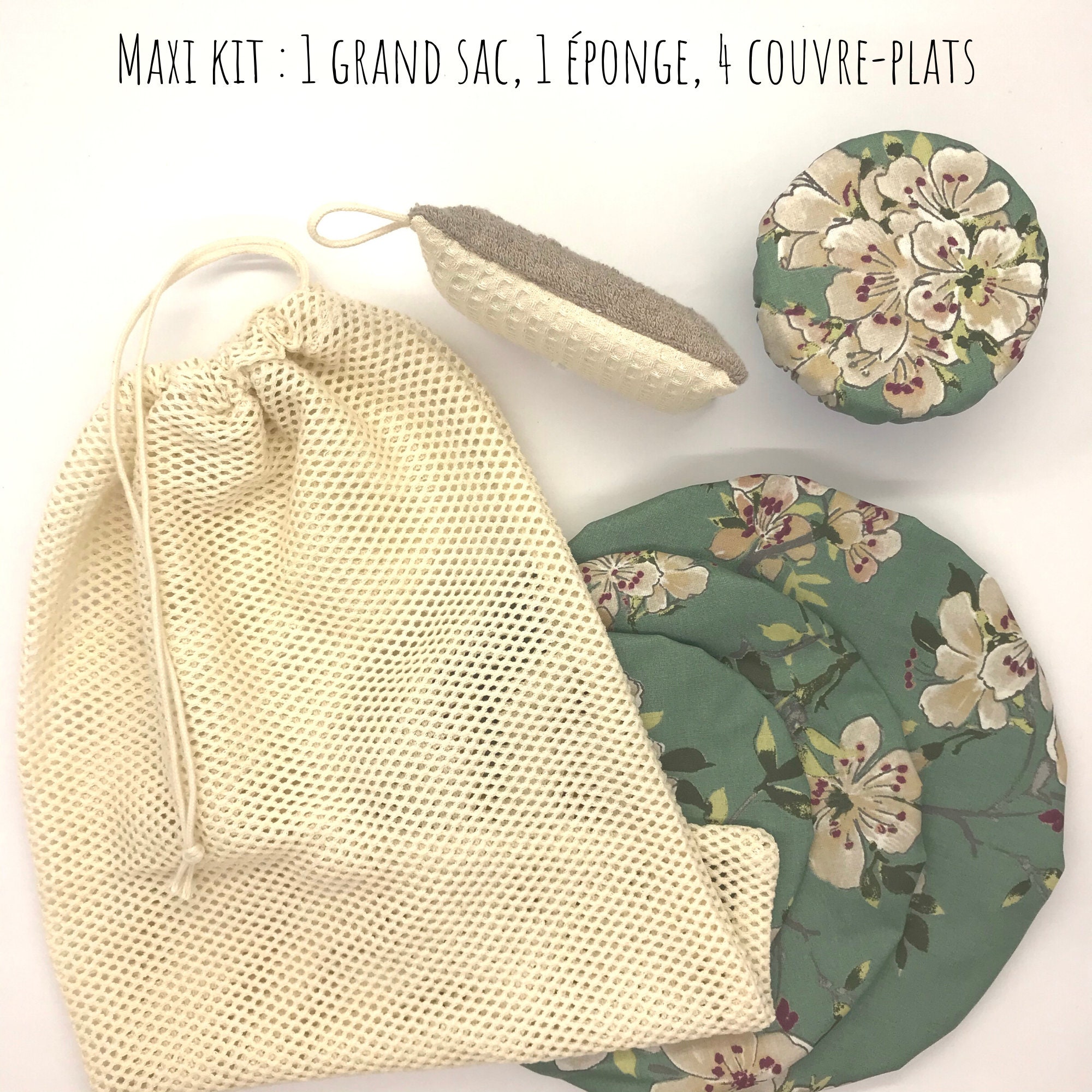 Kit Cadeau Noël Zéro Déchet, Comprenant 1 Grand Sac Filet 4 Couvreplats et Éponge, Tissu Fleurs Ceri