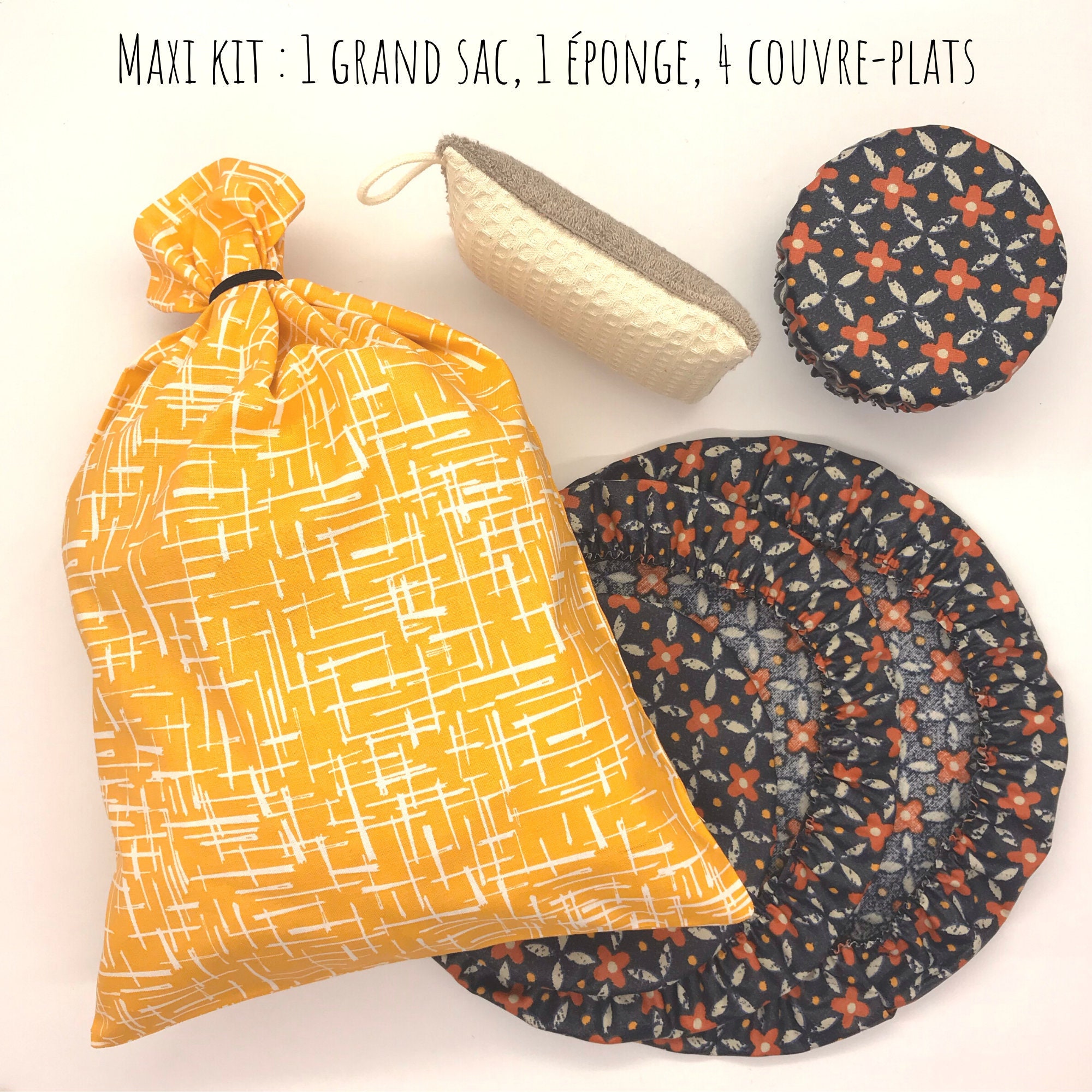 Maxi Kit Zéro Déchet Comprenant 1 Grand Sac Vrac ou Pain 4 Couvreplats et Éponge, Cadeau Fête Des Mè