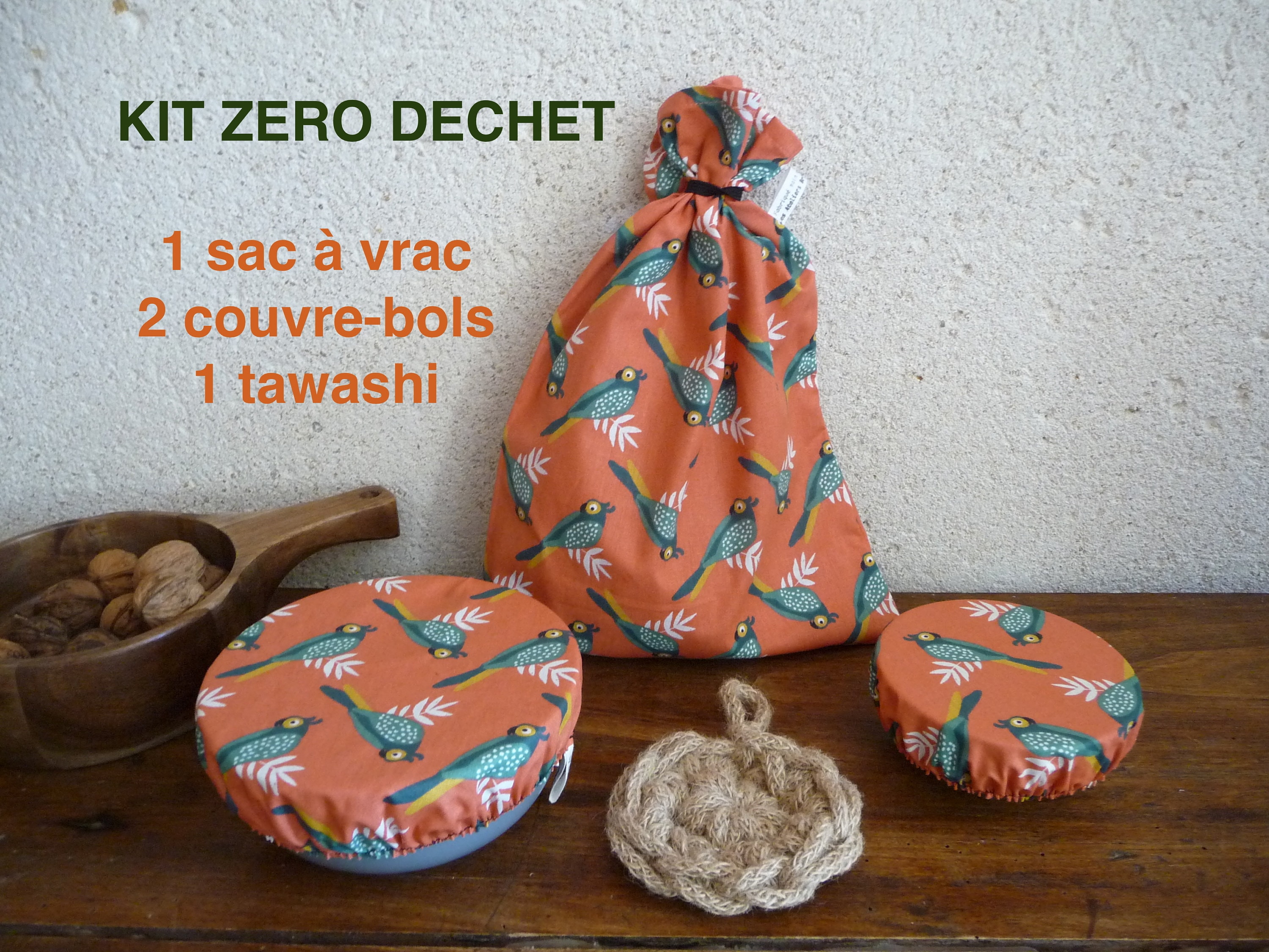 Lot Zéro Déchet Comprenant 1 Sac à Vrac 2 Couvre Bols Tawashi Jute, Motif Oiseau Corail, Cadeau Eco