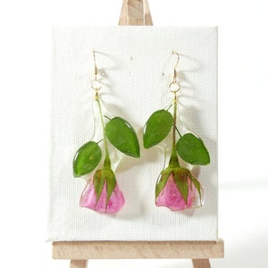 Real Dried Pink Rose Pressed Flowers Earrings. Epoxy resin cover. Handmade Gift Natural Tropical Fruit. Elegant flowers