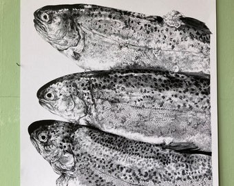 Print of 3 Hand Drawn Rainbow Trout. Highly Detailed Digital Print from Drawing of Three Fish. Fishmonger Drawing Perfect for Seafood Lover