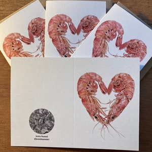 3 folded cards featuring heart shaped prawns lie on a plain wooden background. An unfolded card is placed on top of them, showing both the front and back. The front shows 2 prawns curled round to form a heart, and the back shows a monochrome logo