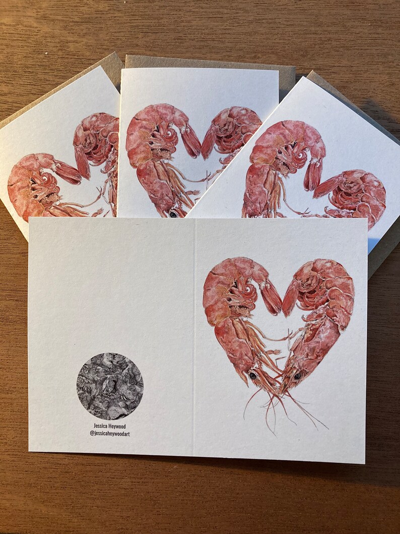 3 folded cards featuring heart shaped prawns lie on a plain wooden background. An unfolded card is placed on top of them, showing both the front and back. The front shows 2 prawns curled round to form a heart, and the back shows a monochrome logo