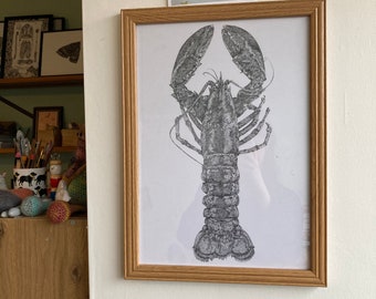 SECONDS. Digital Print of a Hand Drawn Dot Drawing of a Blue Maine Lobster. Extremely Detailed Pointillism Technique Using 005 Pen