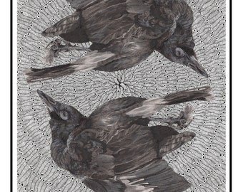 An Individual Print of 'The Wheel of Fortune' Tarot Card - Two Dead Blackbirds onto Circular Patterned Background