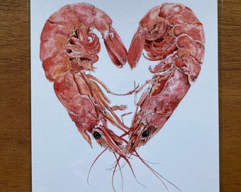 Quirky Romantic Heart Shaped Shrimp Prawn Print. A5 Size, Perfect for a Kitchen, New House, Wedding Present, Unusual and Fun Gift. Pink.