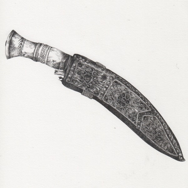 Highly Detailed Drawing of a Turkish Blade in Decorative Sheath, Covered in Beads and Floral Detailed Patterned and Leather Work.