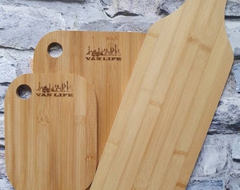 Campervan Van Life Gift, Bamboo Chopping Board, Cheese Board, Serving Utensils, Coaster, UK Limited Quantity