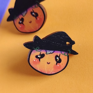 Pumpkin Witch Wooden Pin , Halloween Pins , Cute Pumpkin Pin, Spooky Pin