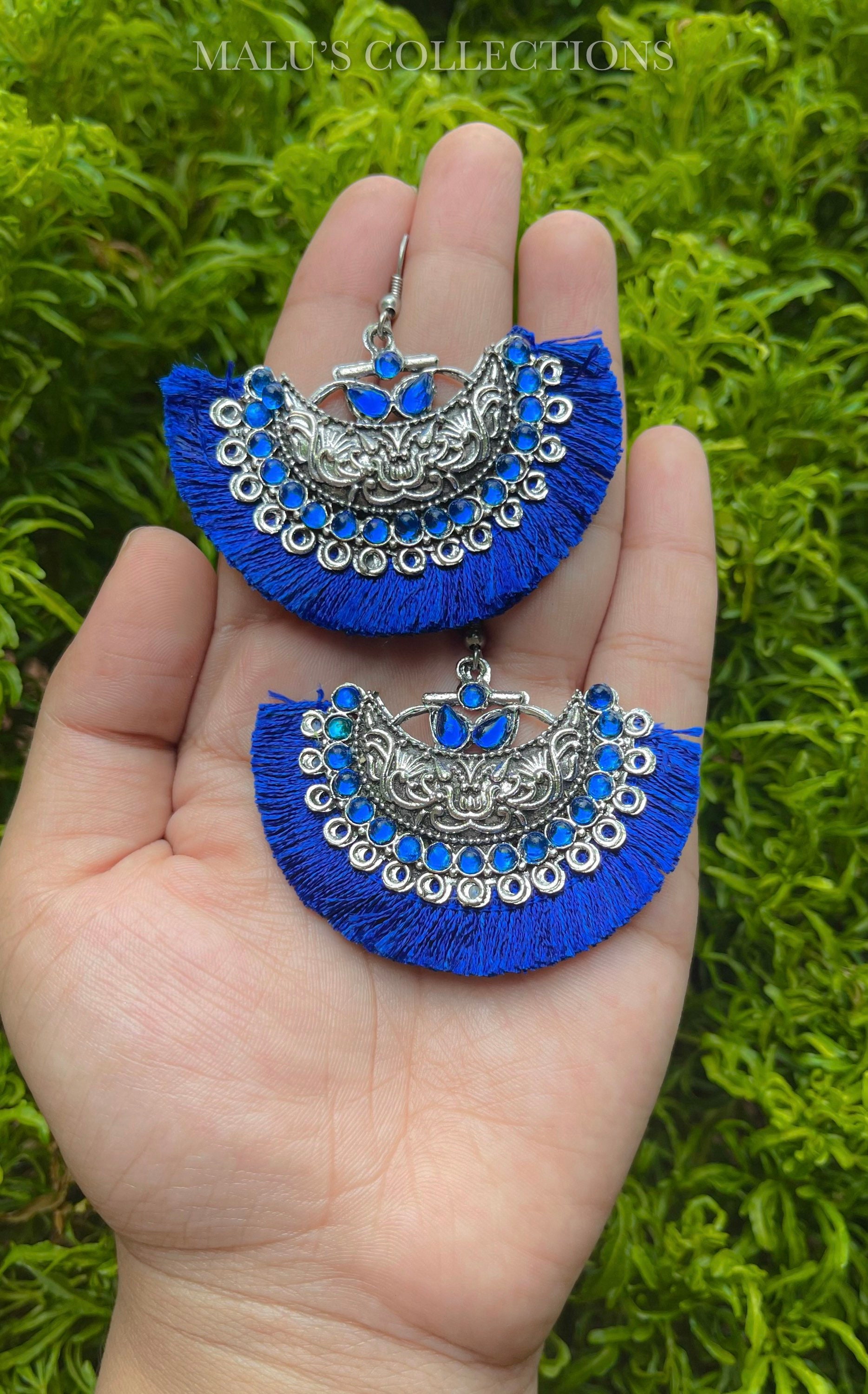 Silk Thread Earrings Chandbalis Oxidised Silver Earrings Etsy UK