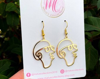 Gold Plated Face Earrings, Abstract Picasso Style