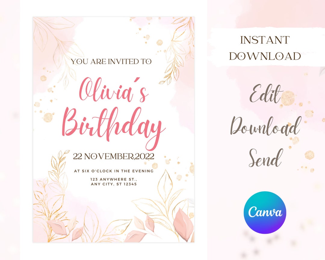 Editable Rose Gold Birthday Invitation, Rose Gold Template Party Invite ...