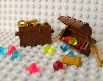 Two Pirate Treasure Chests with Treasure Jewels Gems Gold Bar Golden Key made from Genuine LEGO® Parts