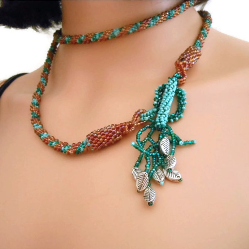 Crochet Necklace Green Gold Lariat Seed Bead Jewelry Gift image 0