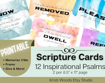 PRINTABLE SCRIPTURE CARDS - Inspirational Psalms Bible Verses - Watercolor
