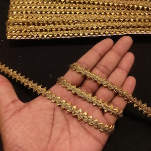 9 Yard Metallic Antique Gold Indian hand work Fringe Ribbon Lace Trim With Embellishment Border For Crafting, Sewing And Cloth Accessories.