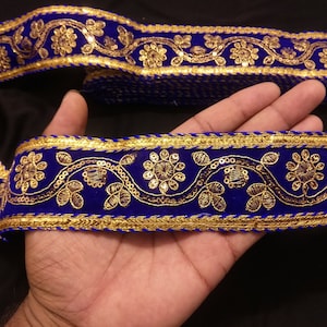 Indian Blue and Gold Floral Embroidered Sequin Jacquard Ribbon Lace Trim With Embellishment Look For Crafting Sewing And Cloth Accessories