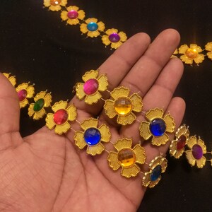 Indian Gold and Multi Colour Beaded Floral Appliques Patches Lace Trim can be cut and Used in multiple artifacts