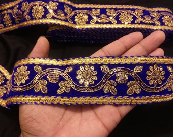 Blue & Gold Floral Embroidered Sequin Jacquard Ribbon Trim
