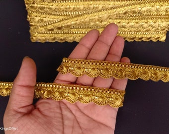 Indian Metallic Gold Woven Scallops Floral Fringe Lace Trim For Embellishment Border For Crafting, Sewing And Cloth Accessories.