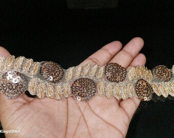 Cinta de encaje con lentejuelas de oro rosa: diseño floral de hojas