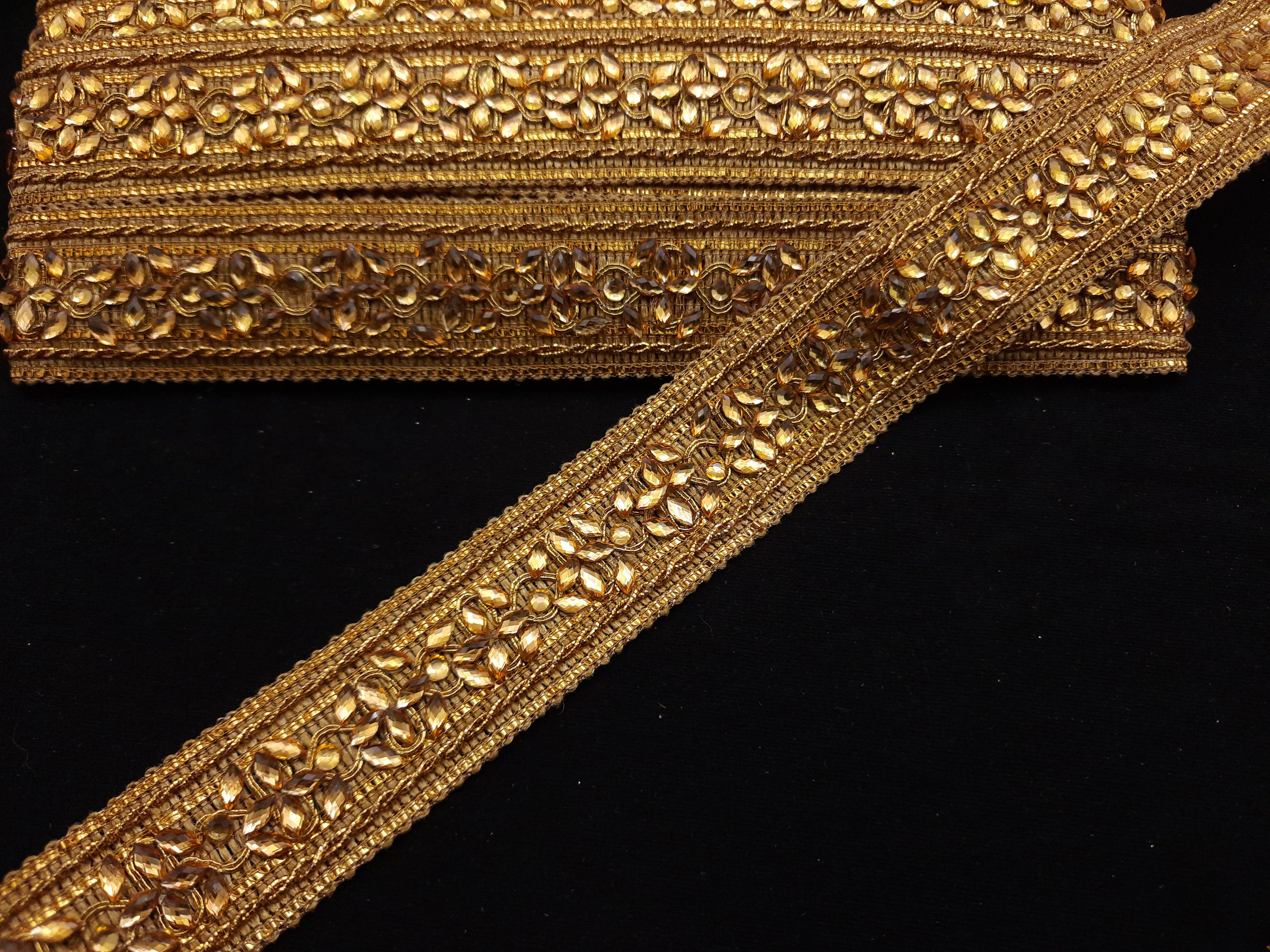 Metallic Gold Beaded Floral Trim Indian lace Beaded lace | Etsy