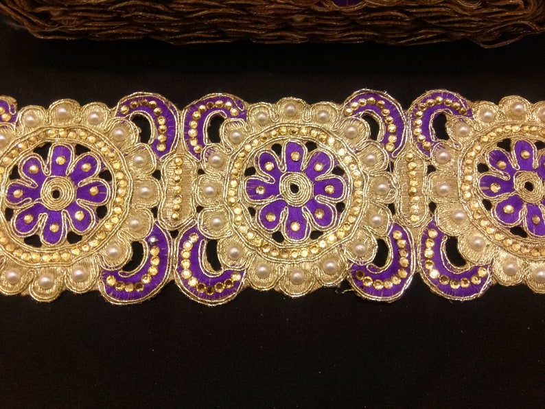Floral Beaded Trim Gold beaded Lace Indian Beaded Gold And Purple Floral Embroidered Ribbon Lace Trim Gold Beaded Trim Indian Trims