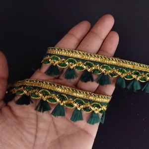 Indian Deep Green and Gold Tassels Fringe Lace Trim With Embellishment Border For Crafting, Sewing And Cloth Accessories.