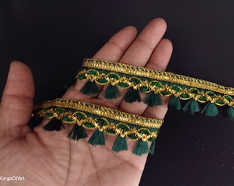 Indian Deep Green and Gold Tassels Fringe Lace Trim With Embellishment Border For Crafting, Sewing And Cloth Accessories.