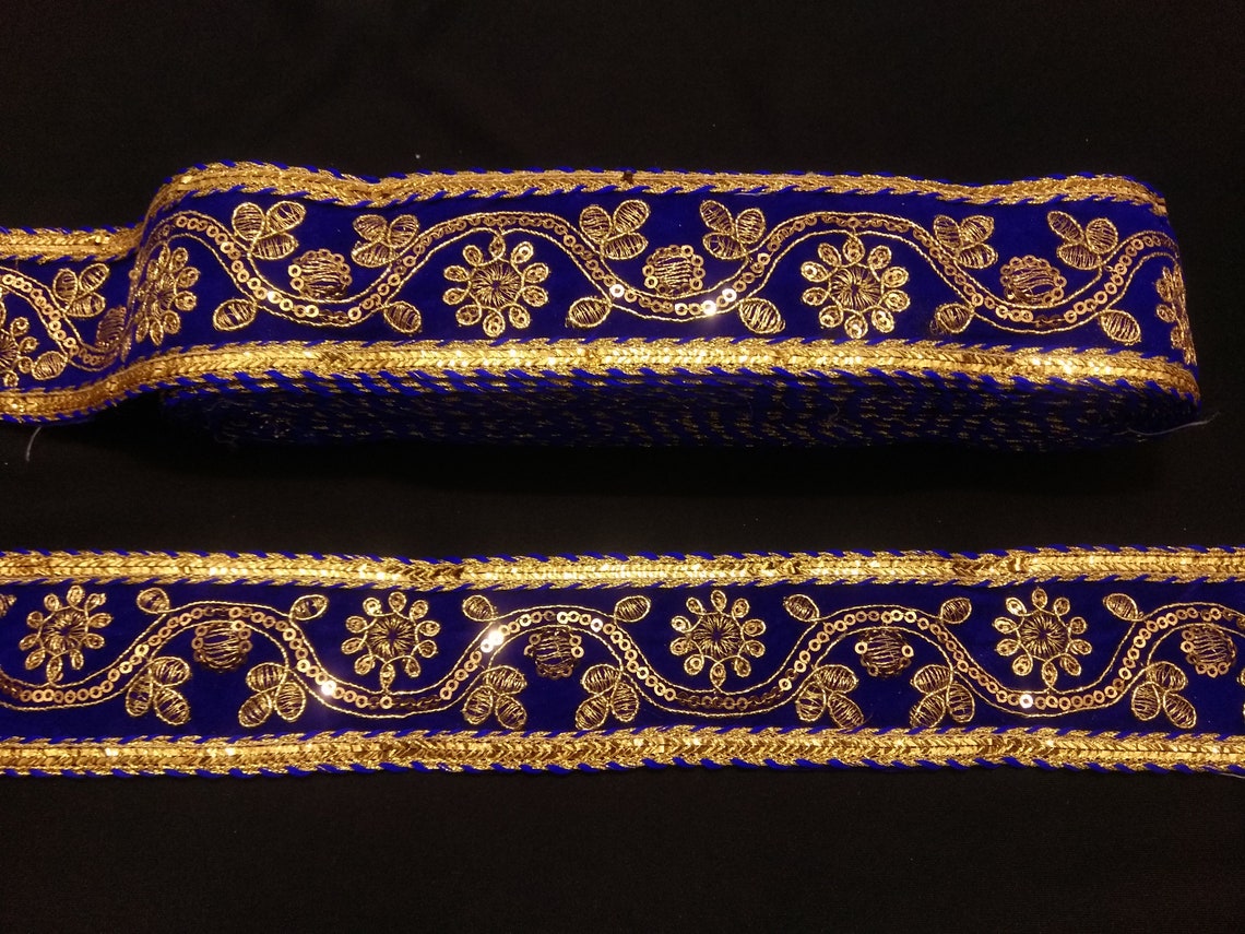 Indian Blue and Gold Floral Embroidered Sequin Jacquard Ribbon | Etsy