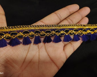 Indian Gold and Navy Blue Indian hand work Tassels Fringe Lace Trim With Embellishment Border For Crafting, Sewing And Cloth Accessories.