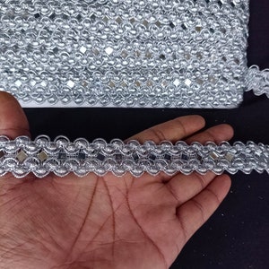 Indian Metallic Silver Beaded Net Woven Border Ribbon Lace Trim  With Embellishment Border For Crafting, Sewing And Cloth Accessories
