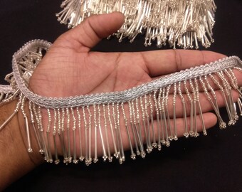 Silver Beaded Tassel Trim: Indian Lace Embellishment