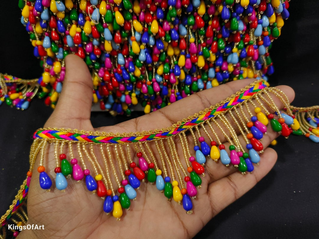 Multi Colour Beaded Indian Tassel Lace Trim, Gold Beaded Trim, Beaded