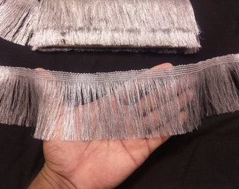 Metallic Silver Indian Hand Work Tassels Fringe Lace Trim With Embellishment Border For Crafting, Sewing And Cloth Accessories.